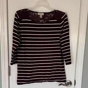 LOFT Maroon and White Striped Lace Long Sleeve Tee
